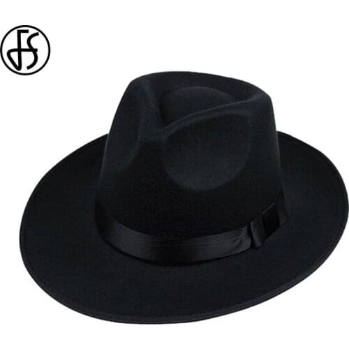 FS Unisex Black Gray Brown Wool Hats Fedora Men Trilby Wide Brim Felt Hat For Women Jazz Cap Panama Autumn Winter Gentleman Hat