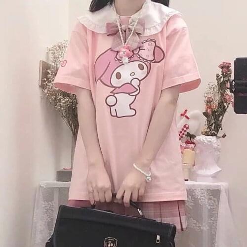 Harajuku Style Sweety Pink Cartoon Girls Printed Ins Female Summer White School Students Women Kawaii Harajuku style Tee