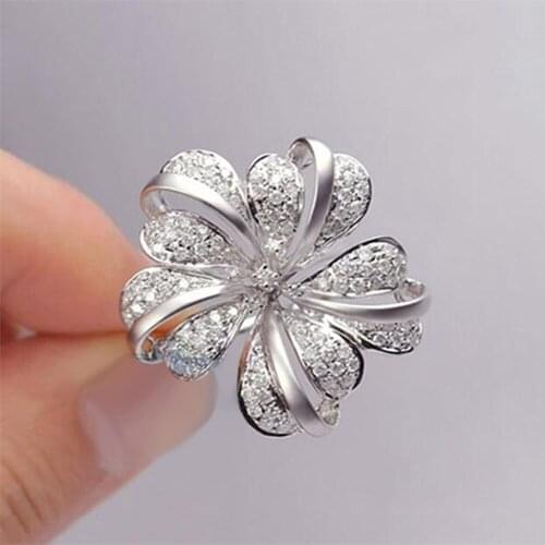 Hainon Luxury Big Flower Zircon Stone Silver Color Rings for Women Wedding Engagement Party Jewelry Rings Christmas Gift