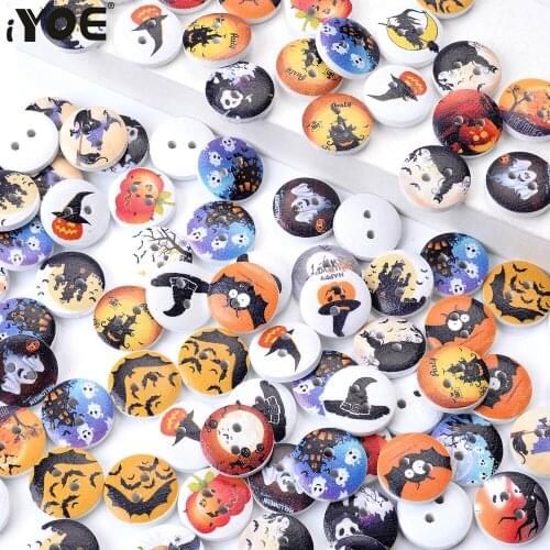 IYOE 20pcs/Lot Mix Style Halloween Christmas Round Buttons Natural Wood Print Beads For Making Handmade Gift DIY Home Decoration