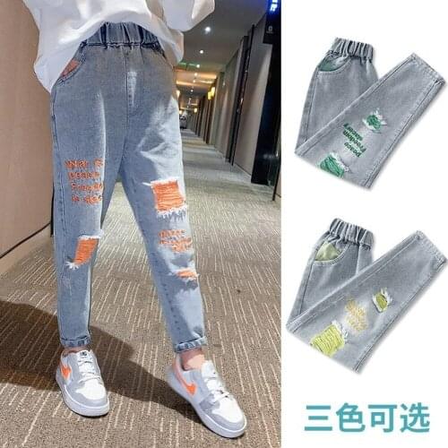 2021 Hole Ripped Letter Print Grils Jeans Kids Jean New Causal Trousers High-Waist Pencil Pants 5-11 Years Child Streetwear Jean