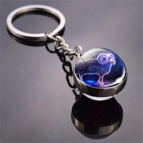 Creative Keychains 12 Constellation Pattern Double-Sided Luminous Glass Ball Keychain Galaxy Planet Pendant Key Chain Gifts