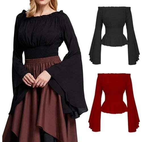 HOT SALES！！！New Arrival Women Medieval Renaissance Solid Color Bell Sleeve Ruffled Off Shoulder Blouse Wholesale Dropshipping