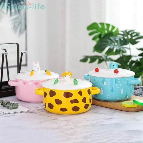 Korean-Style Cute Cartoon Animal Ceramic Lunch Box Microwave Ovenl Instant Noodle Cup Bowl Double Double-Ear Tableware Supplies