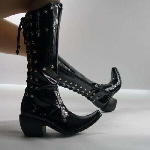 Mens Patent Leather Pointy Toe Shoes Rivet Punk Runway High Boots Block Heels Knee Rivet Studed Black Plus Size 38-46