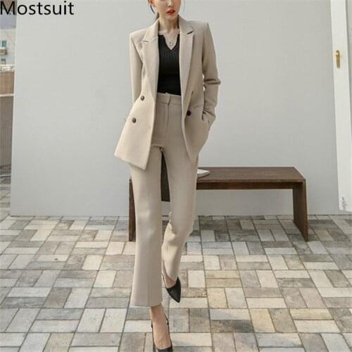 Office Workwear Korean Women Blazer Pant Suits Sets 2020 Autumn Double-breasted Blazer + Pants Sets Fashion Ol Style Work Suits