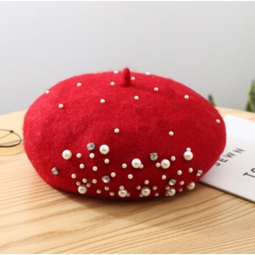 Autumn and winter pearl rhinestone wool knitted beret woolen beret hat painter hat lady painter hat A84