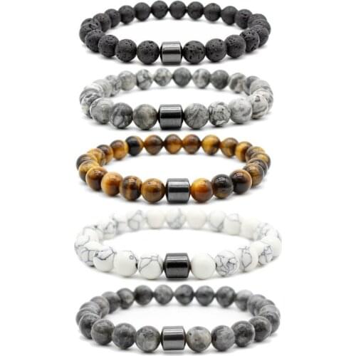 OuGuan 8mm Volcanic Stone / White Stone / Tiger Eye Stone / Map Stone / Black Flash Natural Stone Mens Bracelet Couple Bracelet
