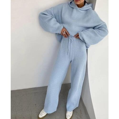 ZHYMIHRET Casual Knitted Hooded Sweatshirt And Wide Leg Pants Two Pieces Set Women Tracksuit 2020 Autumn Winter 2 Piece Sets