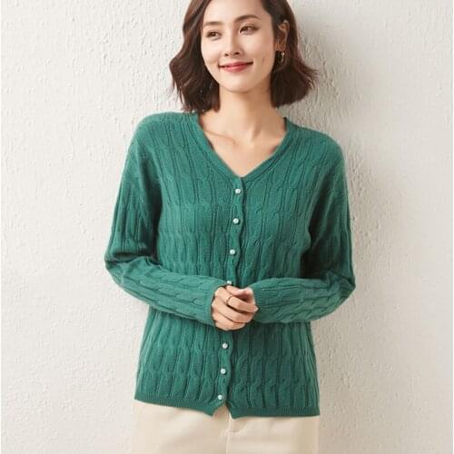 Shop Recommendation-100 Pure Wool Knitted Cardigan Womens Autumn Winter Loose Pearl Clasp V-Neck Twist 2021 New Sweater Jacket