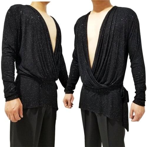 Men Latin Dance Shirts V-Neck Long-Sleeved Top MenS Adults Loose Practice Clothes Salsa Rumba Tango Cha Cha Stage Wear