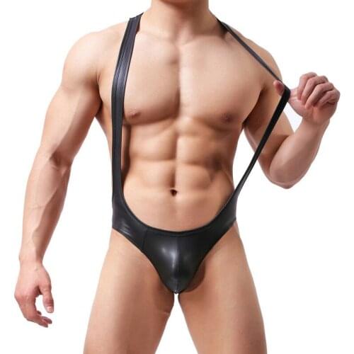 Sexy Men Bodysuits Erotic Faux Leather Bugle Pouch Catsuit Wrestling Singlet Latex Jumpsuits Gay Wetlook One-Piece Undershirts