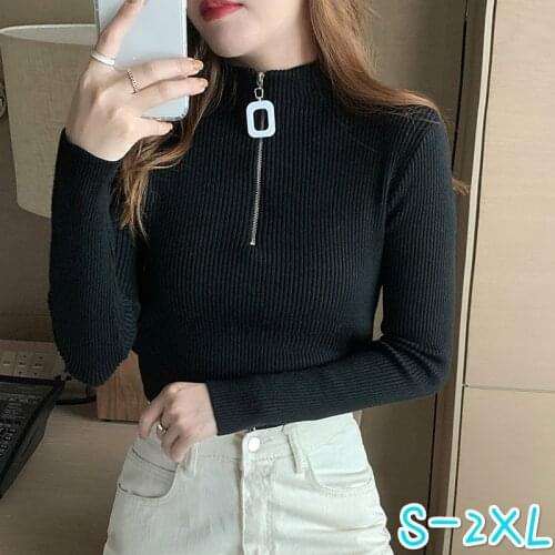 Zipper Full Sleeve Womens Half Turtleneck Autumn Winter Basic Pullovers 2020 Elasticity Knitted Sweaters For Women Jumper Tops