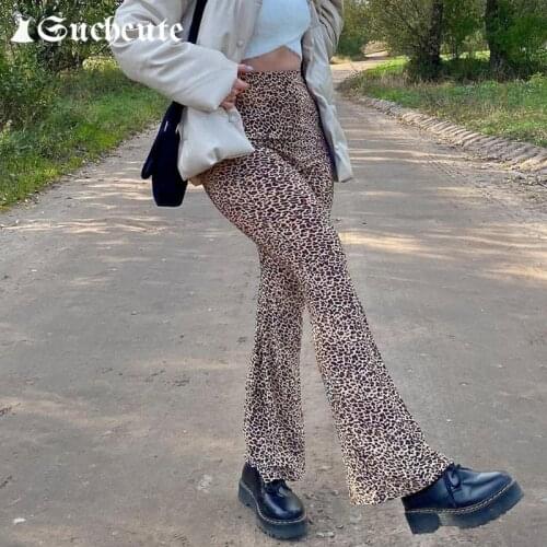 SUCHCUTE Leopard Print Women Double Layer Mesh Pants Y2k Fashion High Waist Straight Trousers Streetwear Gothic 90s Outfits