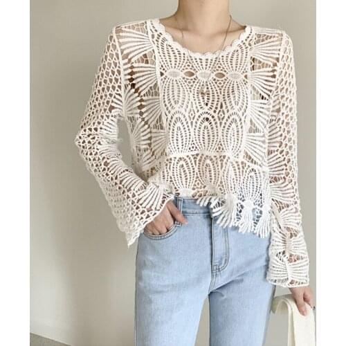 Korean 2021 Summer Sweater Women Long Sleeve Hollow Out Pullover Knitted Sweater Sweet Sweater pull femme Jumper