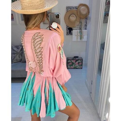 Autumn/Spring 100% Cotton Patchwork Embroidery Long Sleeve Women V-neck Mini Dress