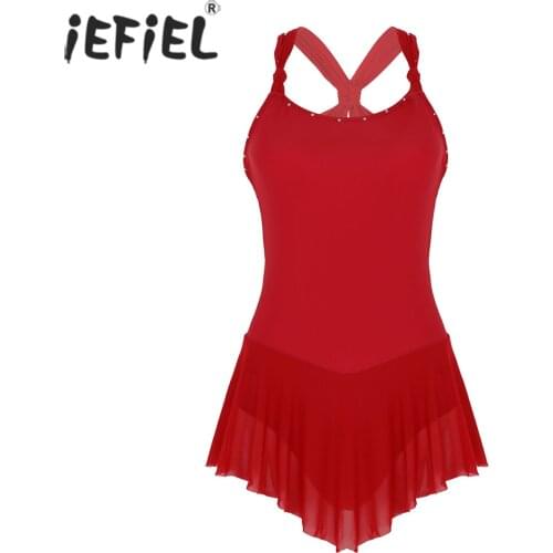 Women Adult Criss-cross Back Shiny Rhinestones Figure Ice Skating Roller Figure Skating Dress Ballroom Dance Gym Leotard Dress