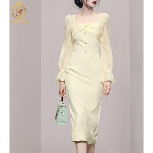 SMTHMA New Autumn A-Line Women Dress Square Collar Flare Long Sleeve Slim Waist Female Korea Dress Casual Ladies Vestidos