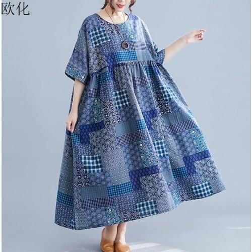 Vintage Art Ethnic Print Women Dress Plus Size Batwing Summer Sundress Cotton Maxi Dress Big Swing Linen Long Dress 4XL 5XL 6XL