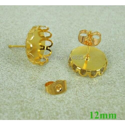 12mm Blank Earrings Settings Bases Round Bezel Stud Earrings Post w/ Stopper Back Earring Findings Golden tone Plated Wholesale
