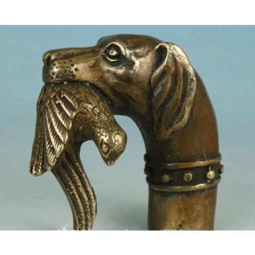 2 PCS 6.6CM Chinese Old China Old Bronze Hand Carved Dog Bitten Birds Statue Cane Walking Stick Collect decoration bronze