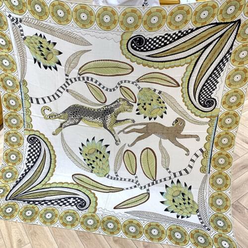 60% Cashmere 40% Silk Scarf Women Fashion Aztec Style Monkey & Leopard Shawl Stole Hand Rolled Kerchief 135*135cm