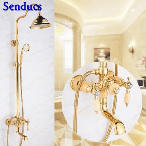 Senducs Jade Stone Shower Set European Style Gold Bathroom Shower System Round Top Shower Quality Brass Bath Shower Set