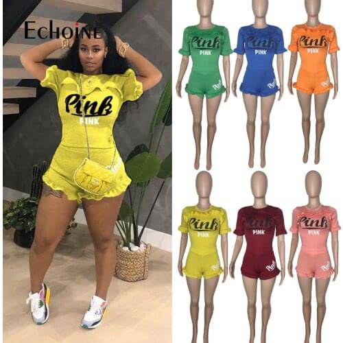 Echoine Summer Women PINK Letter print RuffleTwo Pieces Set Tracksuits T-shirt Shorts Jogger Sweatpants Suit Fitness Outfits