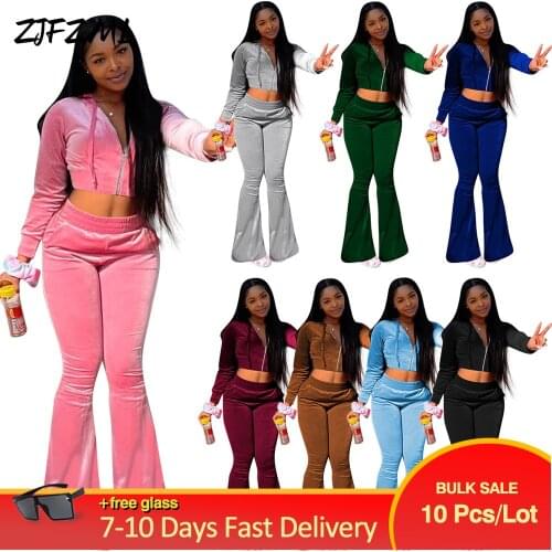 Bulk Items Wholesale Lots Early Autumn 2 Piece Club Outfit Velvet Suit Drawstring Hooded Zipper Crop Jacket+flare Trouser Y2K