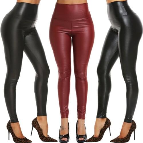 Black PU Leather Pants Women High Waist Skinny Push Up Leggings Elastic Trousers Fitness Wet Look Faux Leather Jeggings