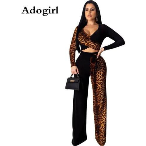 Leopard Print Patchwork Sexy Two Piece Set Long Sleeve Wrap V Neck Top +Wide Pants Night Club Suit Night Club Party Tracksuit