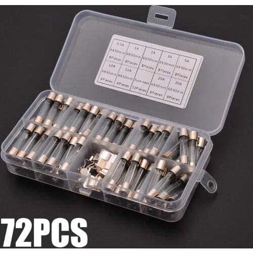 Mayitr 72pcs Assorted 0.5A-30A 250V Standard Glass Tube Fuse 6x30mm Quick Blow Electrical Glass Tube Fuse Kit