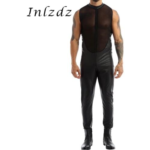 Mens Wetlook Patent Leather Round Neck Sleeveless Sheer Mesh Splice Bodice Double Zipper Leotard Bodysuit Jumpsuit Clubwear