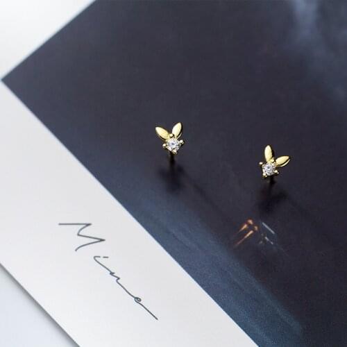 OBEAR Siver Plated Mini Cute Sweet Golden Silver Colour Dazzling CZ Rabbit Stud Earring For Women Girl Jewelry