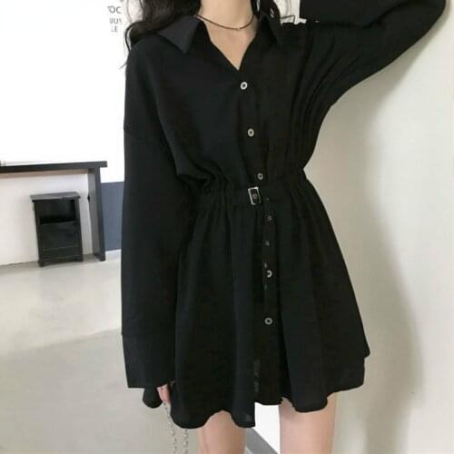 Dress Women Turn Down Collar Button Long Sleeve Collect Waist Dresses Ladies Elegant Fashion Black Clothing Autumn Vestido