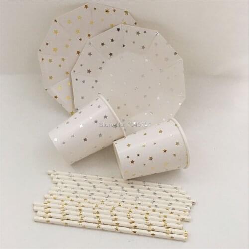 Party Paper Dessert Tableware Glitter Gold Silver Star Plates Foil Gold Paper Drinking Straws Candy Cups for Bridal Shower