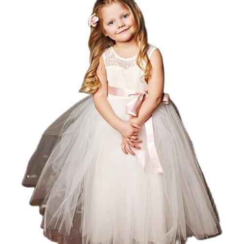 Gardenwed Lace Tulle Flower Girl Dresses Simple White Girl Wedding Party Dress Pink Ribbons Communion Dress 2020