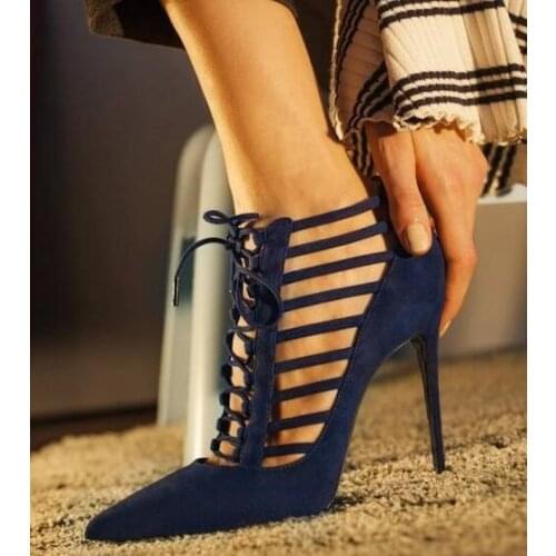 Sestito Ladies Sexy Cut-outs Lace-up Gladiator Sandals Boots Woman Pointed Toe Cover High Heels Ankle Boots Girls Dress Shoes