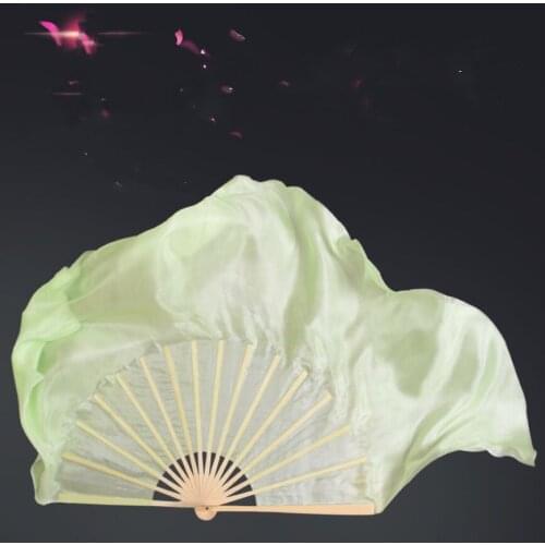 Light Green Veil Real Silk Belly Dance Fan Pair Women Stage Show Props Hand Dye Bamboo Folding Fan Chinese Traditional Dance Fan