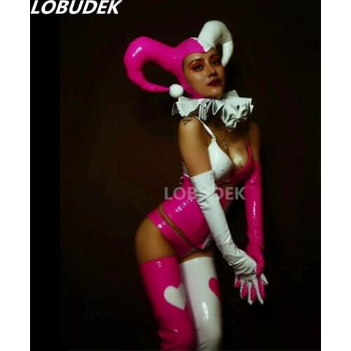 Sexy Female Dance Team Dance Costume PU Leather Pink White Set Sexy Stage Outfits Nightclub Clothing Role Performance Costumes