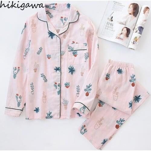 Hikigawa Thin Sleepwear Japanese Pajamas Set for Women Two Piece Set Print Long Sleeve Trousers Suit Femme 2021 Pojamas De Mujer