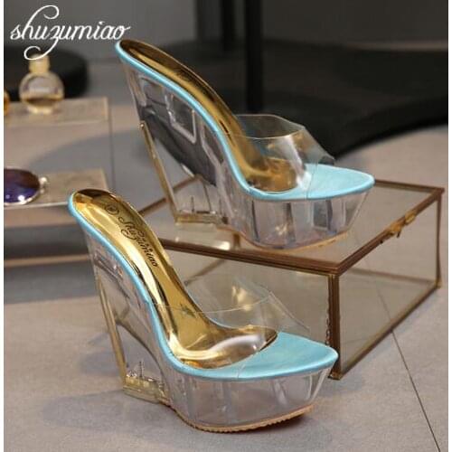 High Quality Women Shoes Slippers Summer Transparent Crystal Model Catwalk Wedding Shoes High-heeled 14cm Wedges shoes