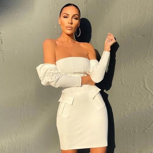 High Street Spring Sexy Fashion Elegant Off Shoulder Full Sleeve Backless Pocket Bodycon Mini Bandage Dress