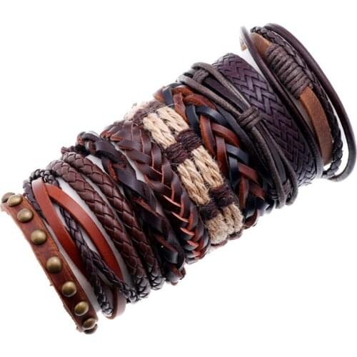 Vintage Fashion Multilayer Braided Leather Bracelets Set Retro Rivets Charm Wristbands Ethnic Bangle Casual Punk Hiphop Jewelry