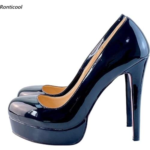 Ronticool Handmade Spring Women Glossy Pumps Sexy 14 Cm High Heels Round Toe Beautiful Black Dress Shoes Women US Plus Size 5-13