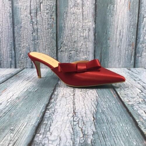 Kmeioo US Size 5-15 Sweet Mule For Women Bow Tie Mules Slip-on Kitten Heels Pointed Toe Slippers Satin Dress Causal Shoes 6.5 CM