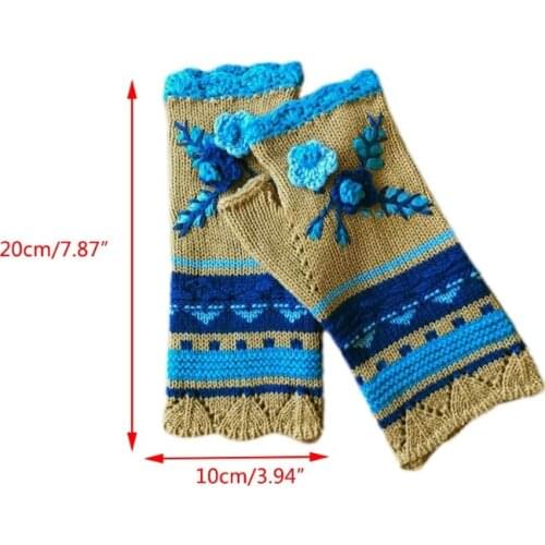 40GC Women Winter Chunky Knit Texting Fingerless Gloves Ethnic Vintage Multicolor Striped Crochet Floral Thumb Hole Mittens