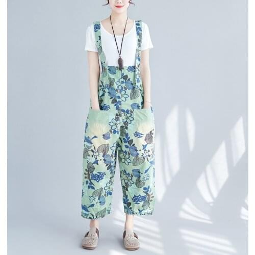 Plus Size Thin Denim Jumpsuits Floral Print Baggy Bib Overalls Pants Mori Girl Calf length jeans Suspenders Trousers YT4291