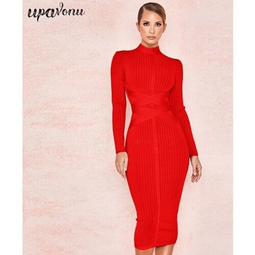 Free shippin New Arrival 2021 Women Midi Bandage Dress Red Sexy High Neck Long Sleeve Bodycon Bandage Dress Rayon Party Dresses
