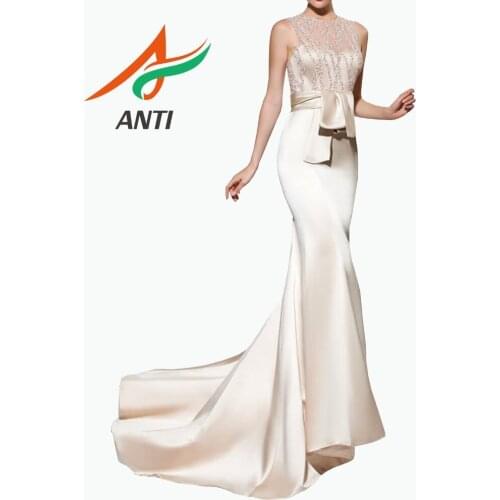 ANTI New 2019 Champagne Mermaid Long Evening Dress With Sleeveless O-Neck Formal Party Gown Beading Sequined Sash robe de soiree